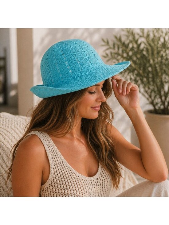 RM Poolside Sun Hat Embroidered Open Weave Turquoise Wide Brim Cap Cruise Travel main image 16